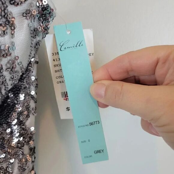 Camille La Vie Prom Dress Grey Metallic Sequin Lace‎ Up Back NWT Size 0 - Picture 7 of 14